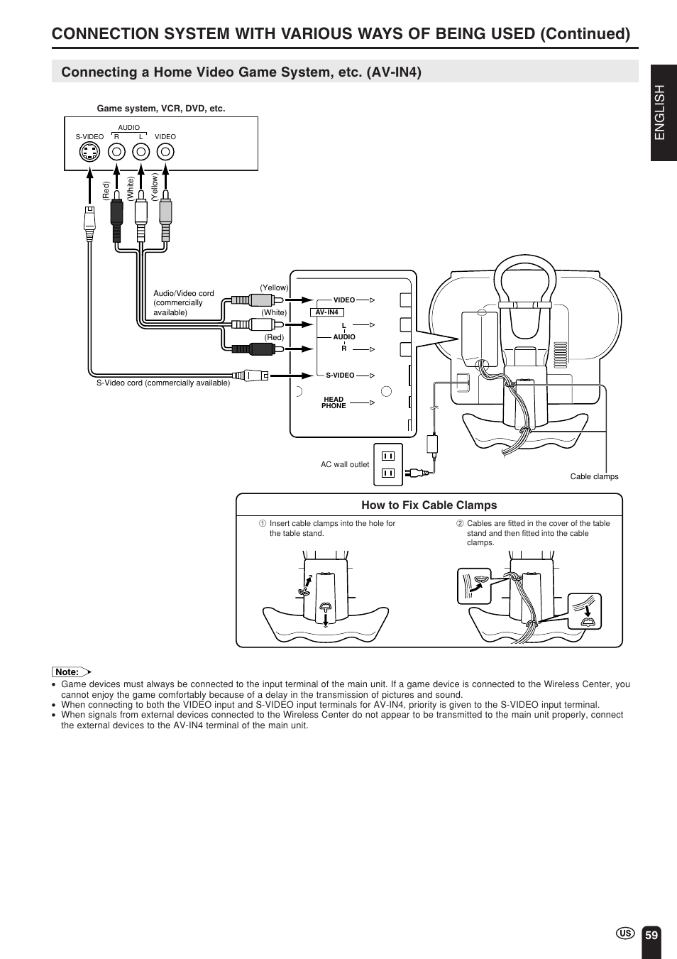 Connecting a home video game system, etc. (av-in4), English, How to fix cable clamps | Sharp Aquos LC 15L1U User Manual | Page 60 / 69