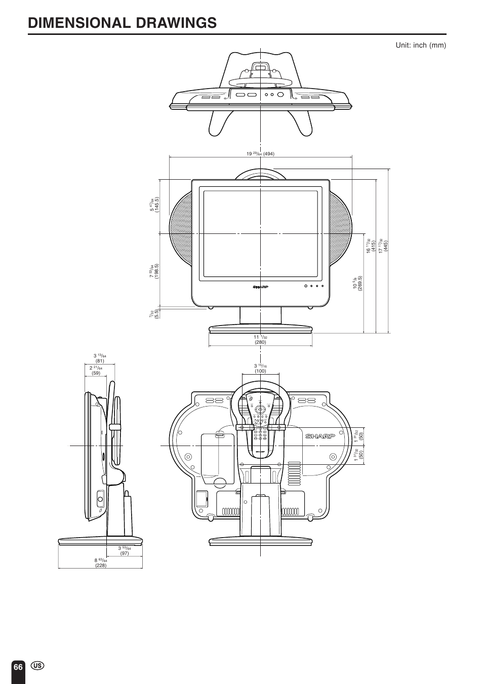 Dimensional drawings, Unit: inch (mm) ch ch | Sharp Aquos LC 15L1U User Manual | Page 67 / 69