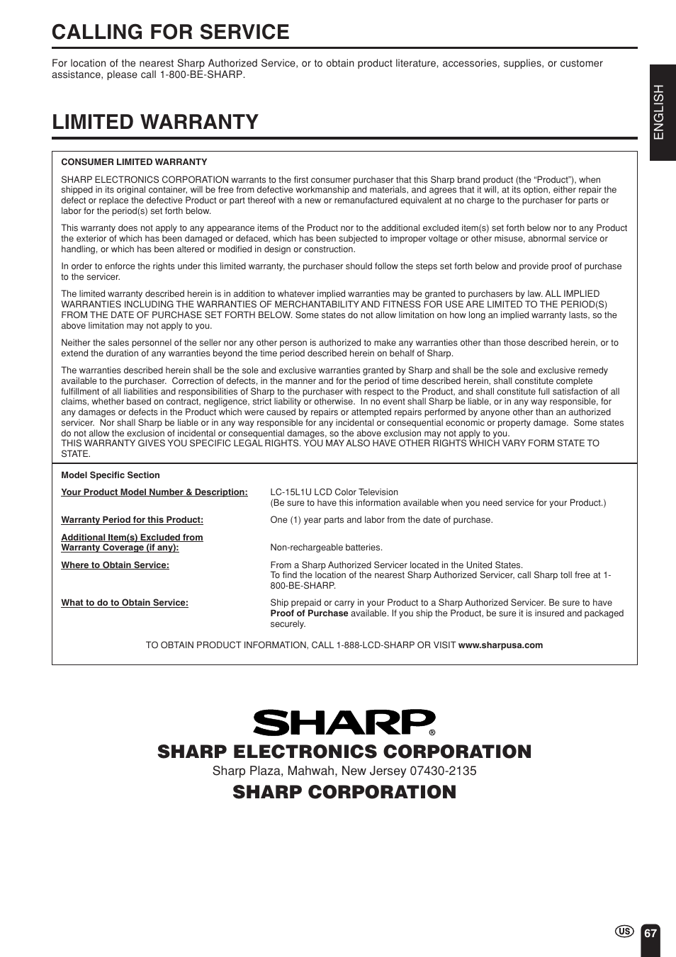 Calling for service, Limited warranty, Sharp electronics corporation | Sharp corporation | Sharp Aquos LC 15L1U User Manual | Page 68 / 69