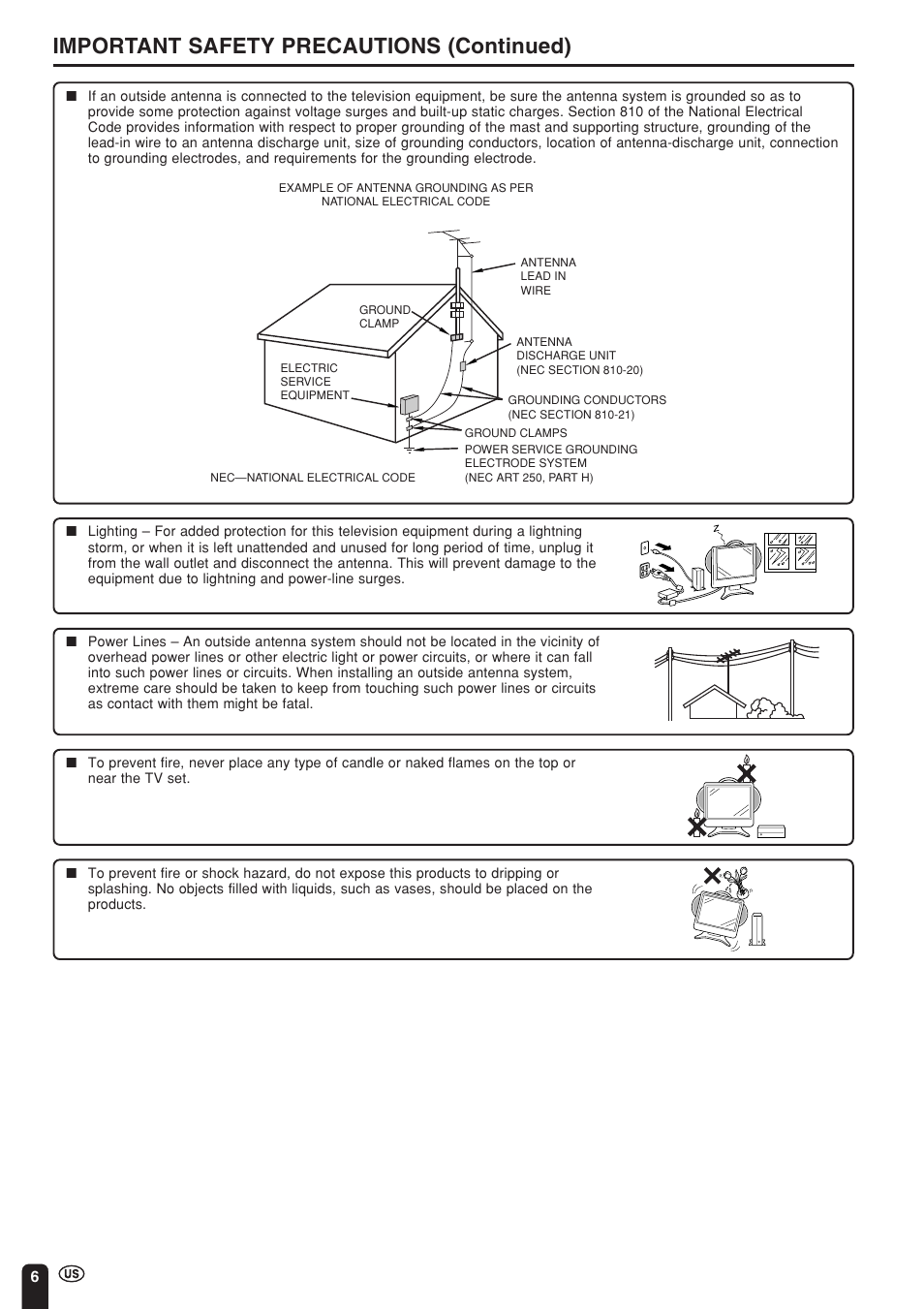Important safety precautions (continued) | Sharp Aquos LC 15L1U User Manual | Page 7 / 69