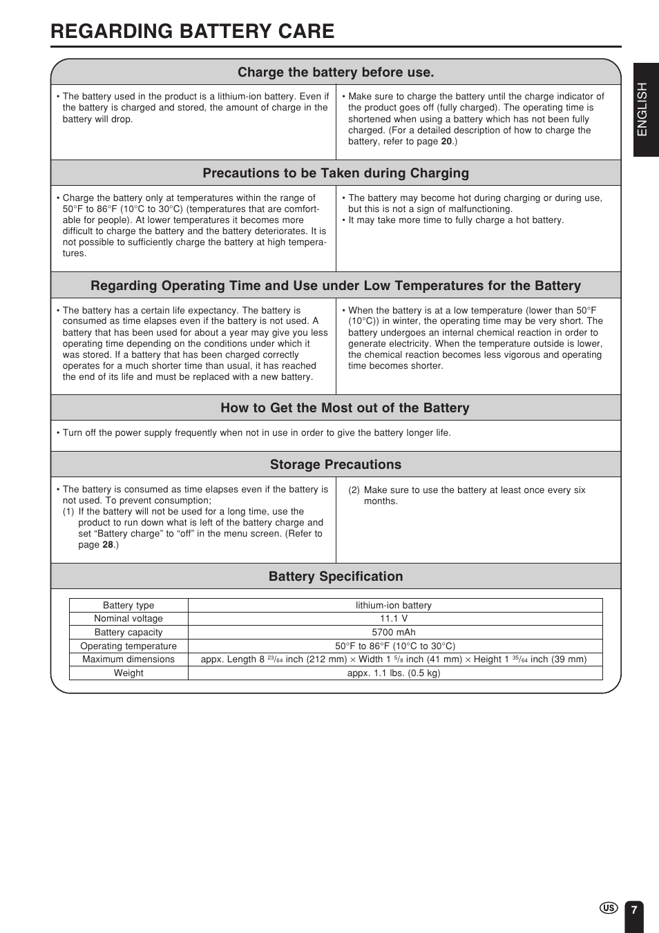 Regarding battery care, How to get the most out of the battery, Storage precautions charge the battery before use | Battery specification, English | Sharp Aquos LC 15L1U User Manual | Page 8 / 69