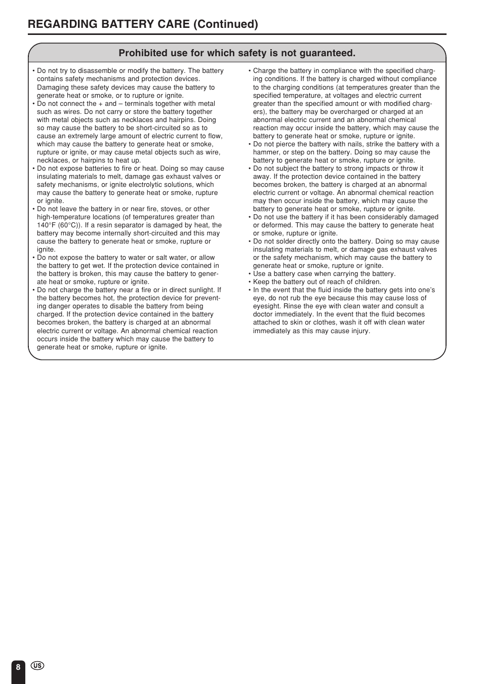 Regarding battery care (continued), Prohibited use for which safety is not guaranteed | Sharp Aquos LC 15L1U User Manual | Page 9 / 69