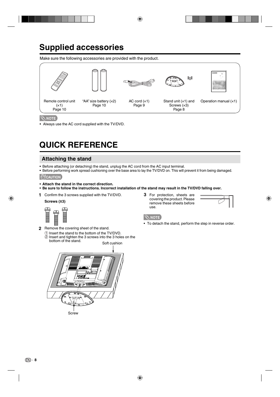 Supplied accessories, Quick reference, Attaching the stand | Sharp AQUOS LC-19DV28UT User Manual | Page 10 / 43