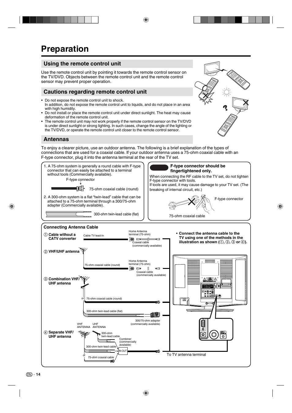 Preparation, Using the remote control unit, Cautions regarding remote control unit | Antennas | Sharp AQUOS LC-19DV28UT User Manual | Page 16 / 43