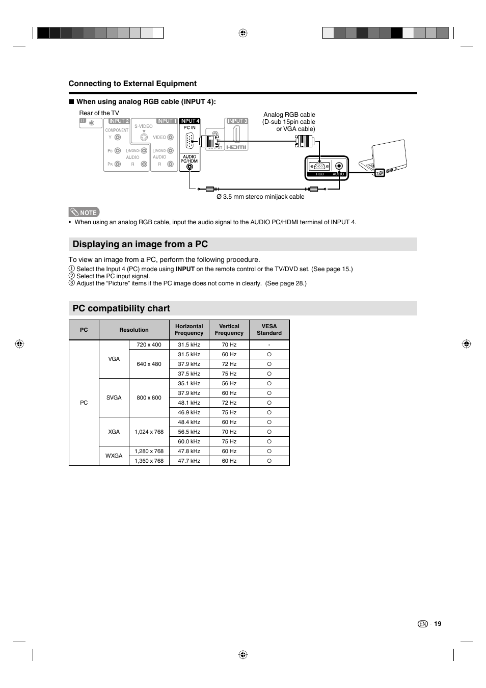 Displaying an image from a pc, Pc compatibility chart, Connecting to external equipment | Sharp AQUOS LC-19DV28UT User Manual | Page 21 / 43