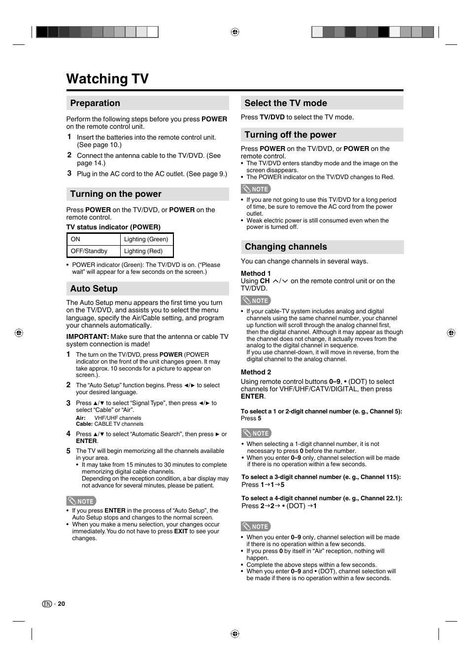 Watching tv, Changing channels, Turning on the power | Auto setup, Preparation, Select the tv mode, Turning off the power | Sharp AQUOS LC-19DV28UT User Manual | Page 22 / 43