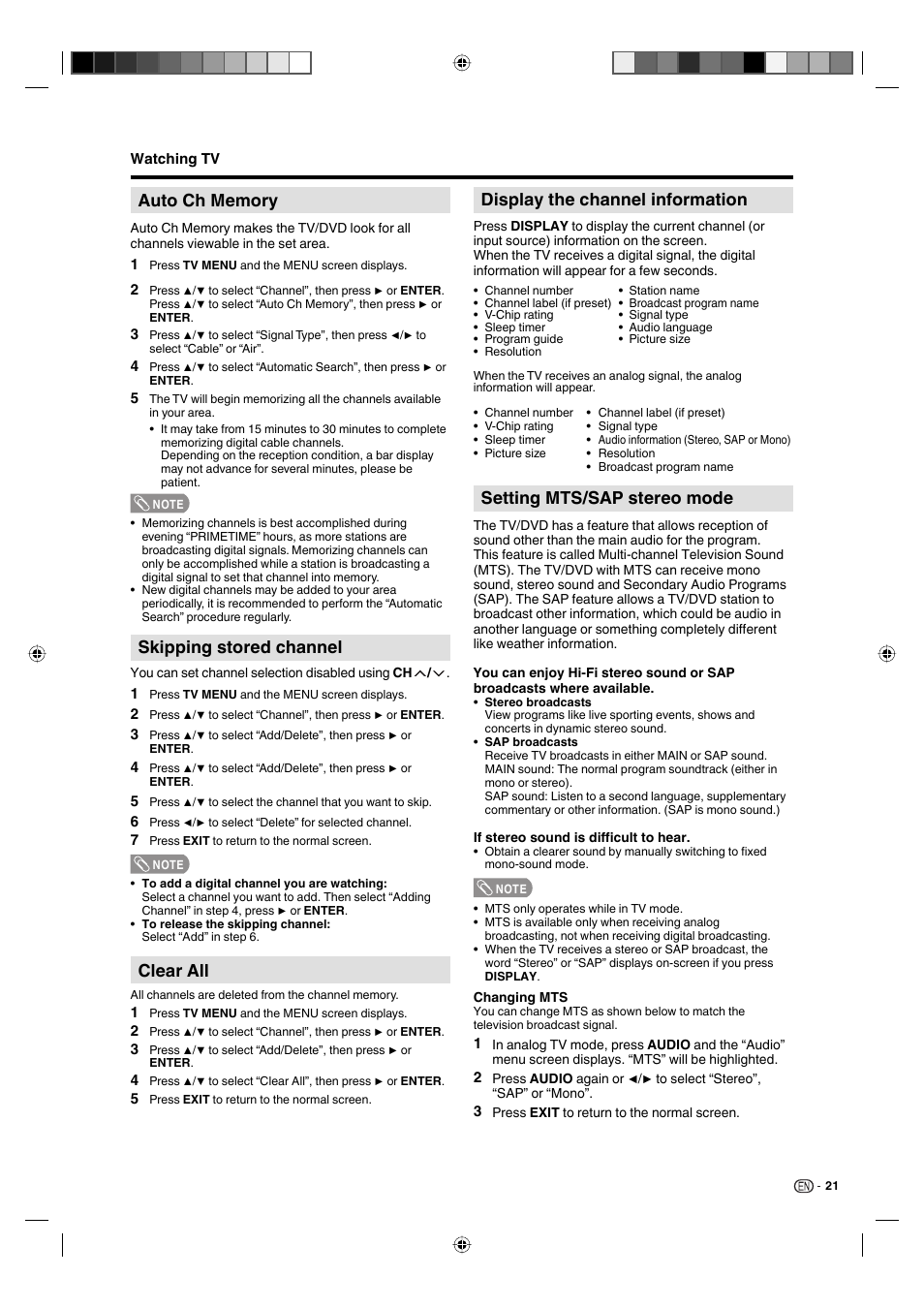 Skipping stored channel, Clear all, Setting mts/sap stereo mode | Display the channel information | Sharp AQUOS LC-19DV28UT User Manual | Page 23 / 43