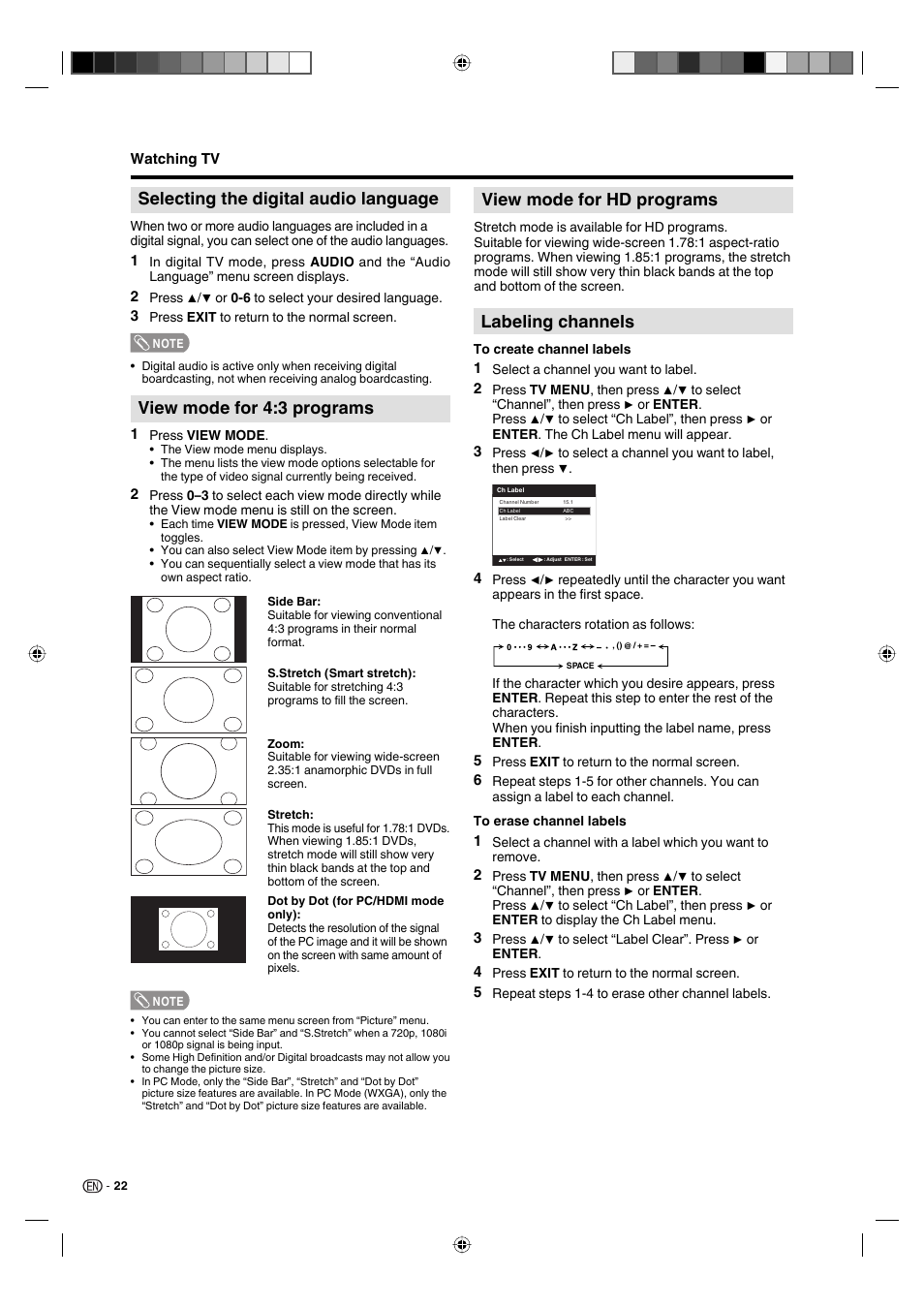 View mode for 4:3 programs, View mode for hd programs, Labeling channels | Selecting the digital audio language | Sharp AQUOS LC-19DV28UT User Manual | Page 24 / 43