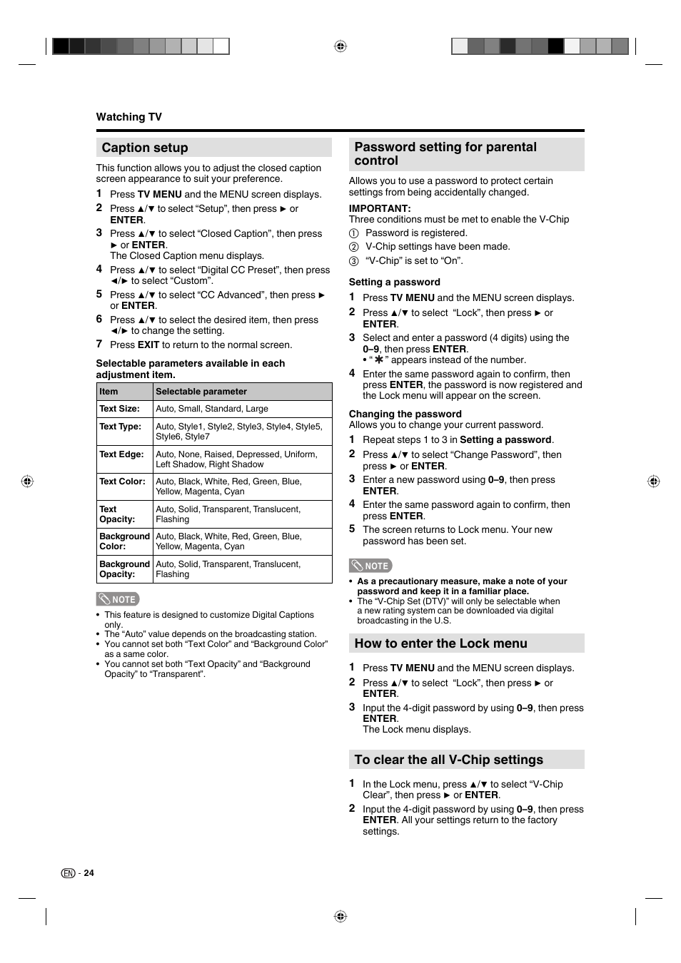 Password setting for parental control, How to enter the lock menu, Caption setup | Sharp AQUOS LC-19DV28UT User Manual | Page 26 / 43