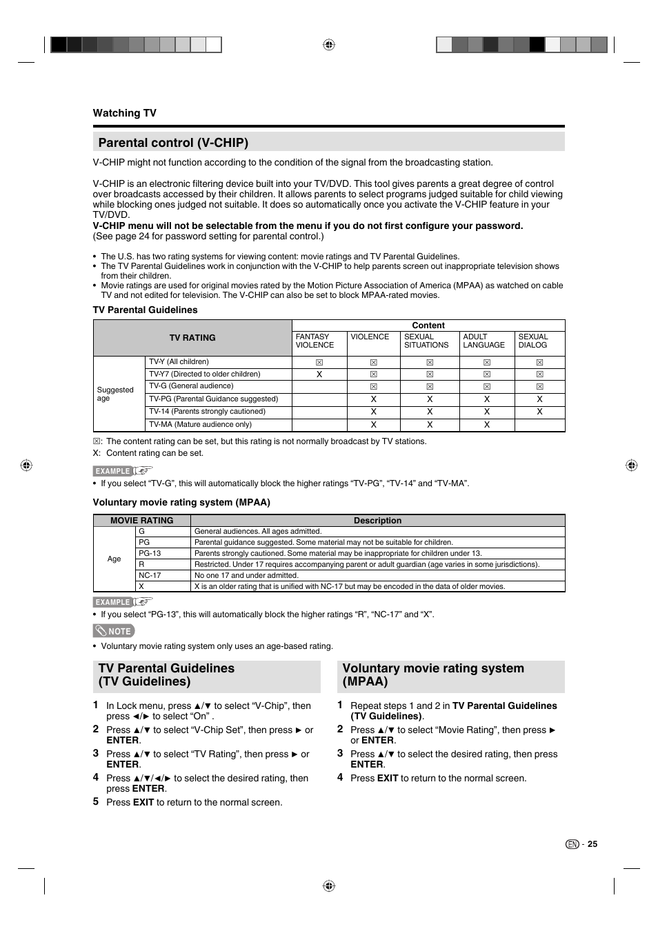 Parental control (v-chip), Tv parental guidelines (tv guidelines), Voluntary movie rating system (mpaa) | Sharp AQUOS LC-19DV28UT User Manual | Page 27 / 43