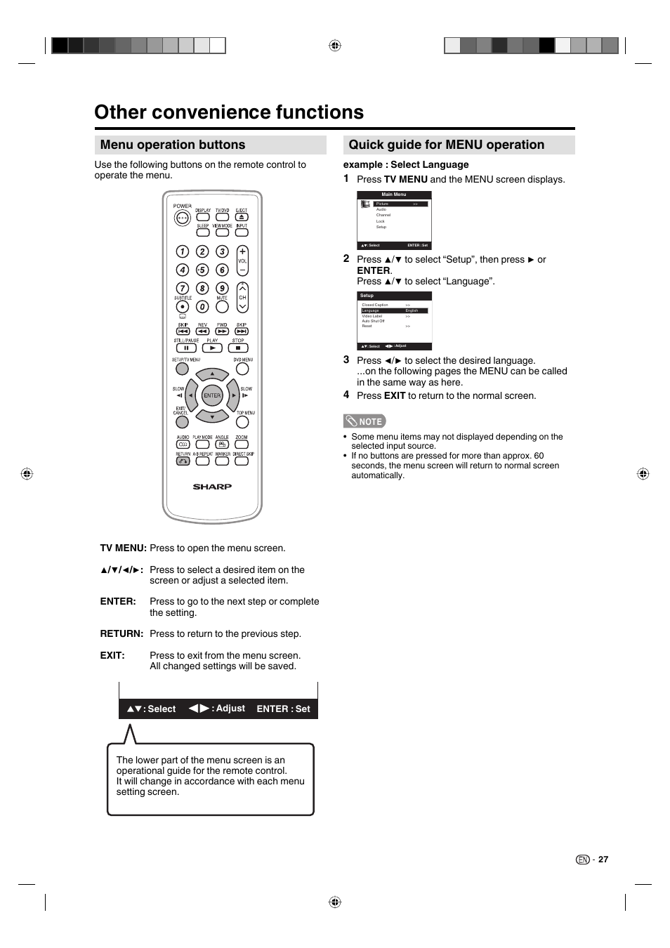 Other convenience functions, Quick guide for menu operation, Menu operation buttons | Sharp AQUOS LC-19DV28UT User Manual | Page 29 / 43