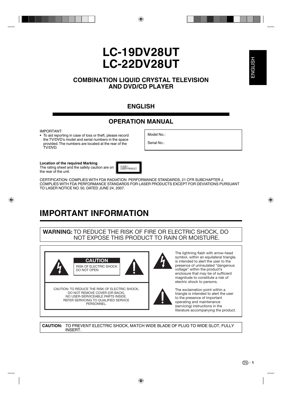 Important information | Sharp AQUOS LC-19DV28UT User Manual | Page 3 / 43