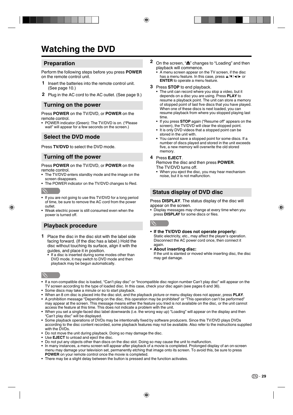 Watching the dvd, Turning on the power, Select the dvd mode | Turning off the power, Preparation, Playback procedure, Status display of dvd disc | Sharp AQUOS LC-19DV28UT User Manual | Page 31 / 43