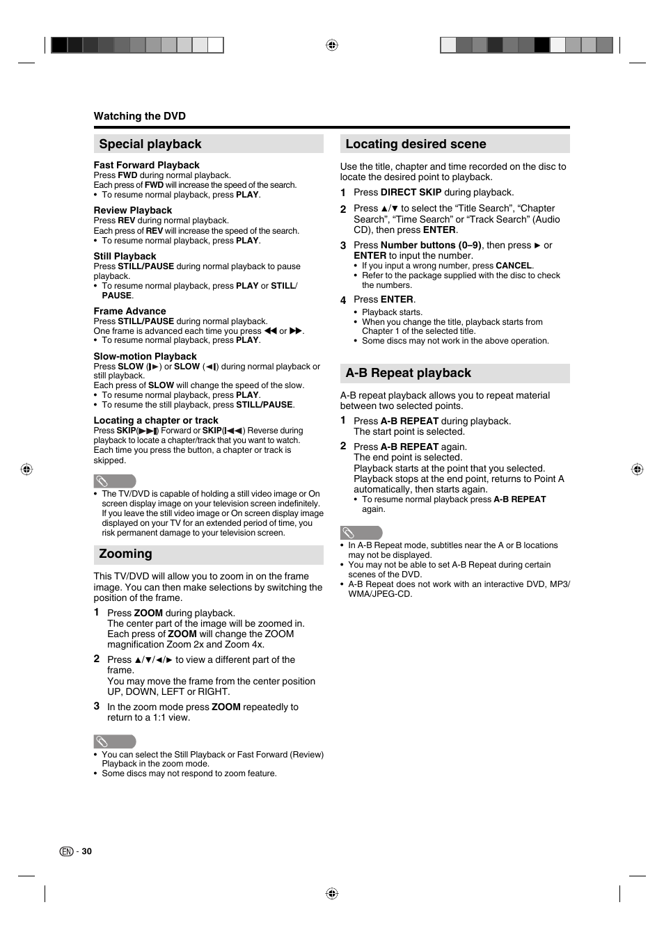 Special playback, Zooming, Locating desired scene | A-b repeat playback | Sharp AQUOS LC-19DV28UT User Manual | Page 32 / 43