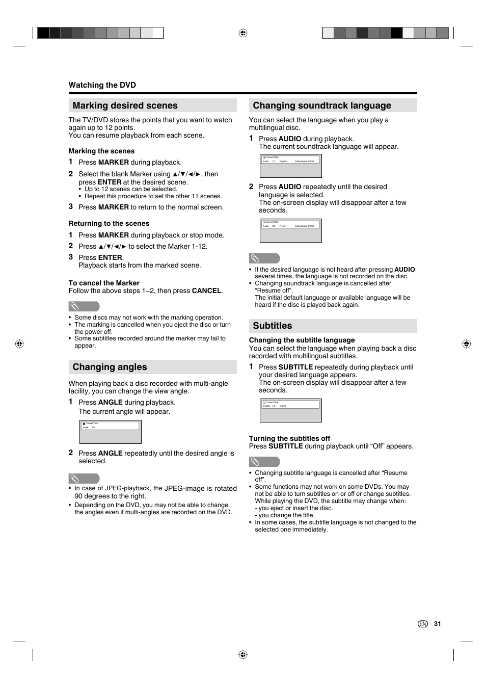 Marking desired scenes, Changing angles, Changing soundtrack language | Subtitles | Sharp AQUOS LC-19DV28UT User Manual | Page 33 / 43