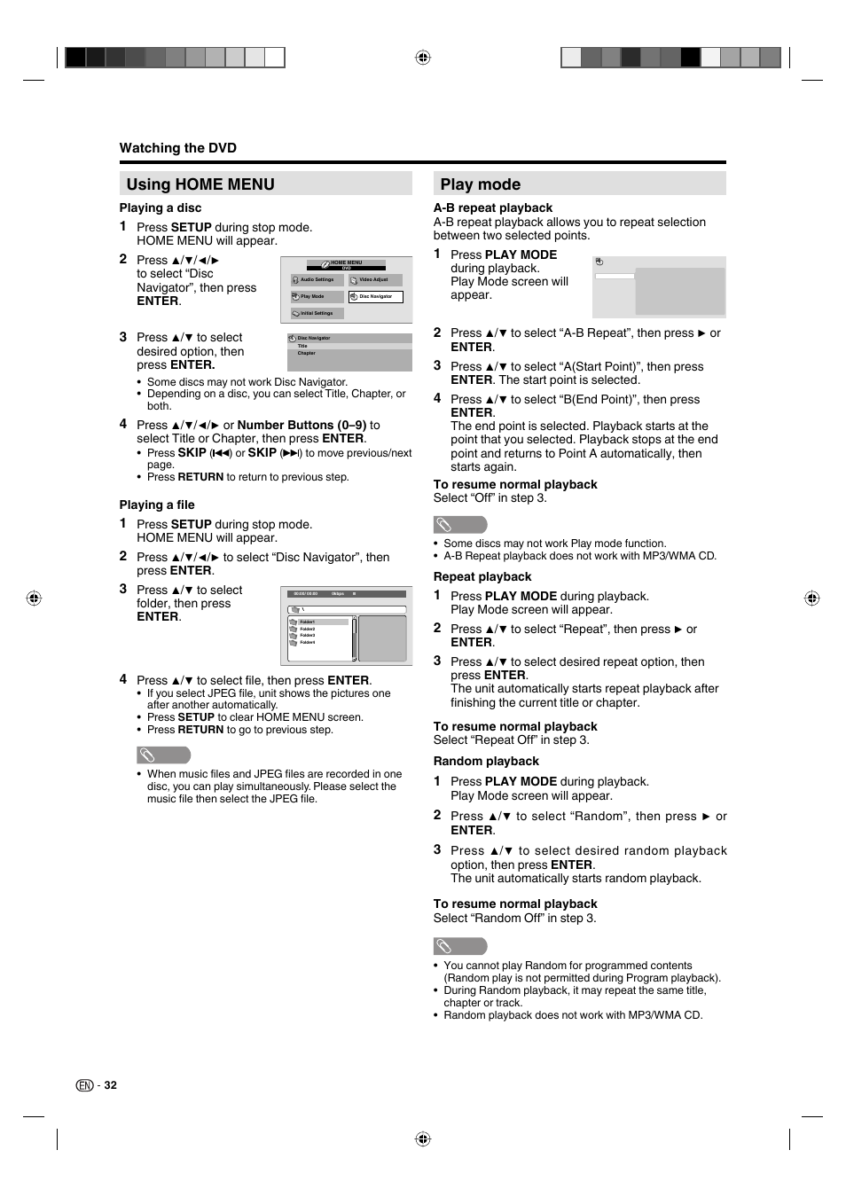 Using home menu, Play mode | Sharp AQUOS LC-19DV28UT User Manual | Page 34 / 43