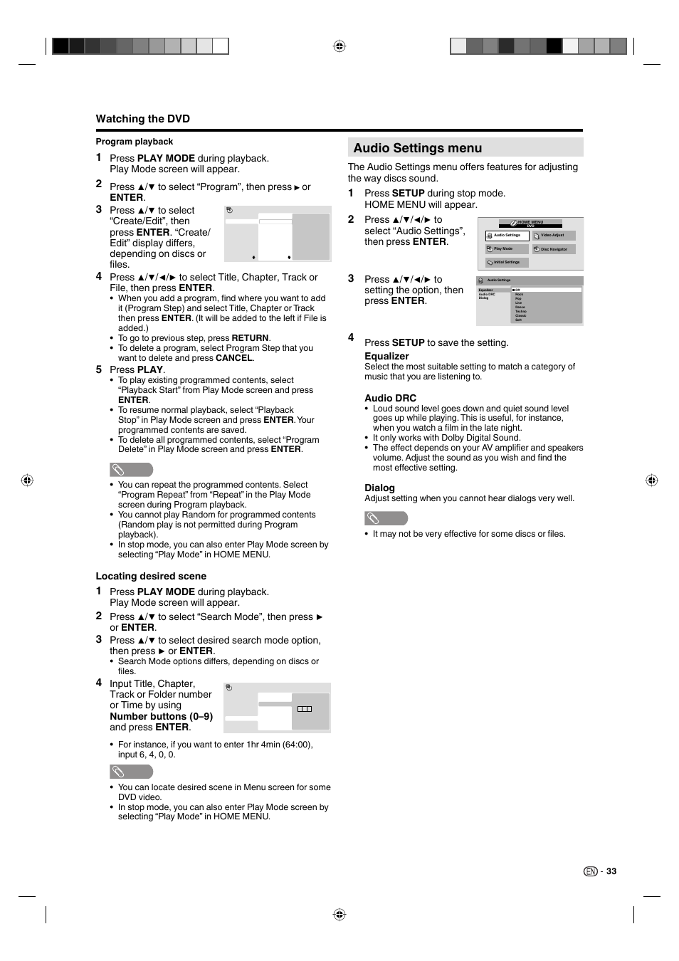 Audio settings menu, Watching the dvd | Sharp AQUOS LC-19DV28UT User Manual | Page 35 / 43