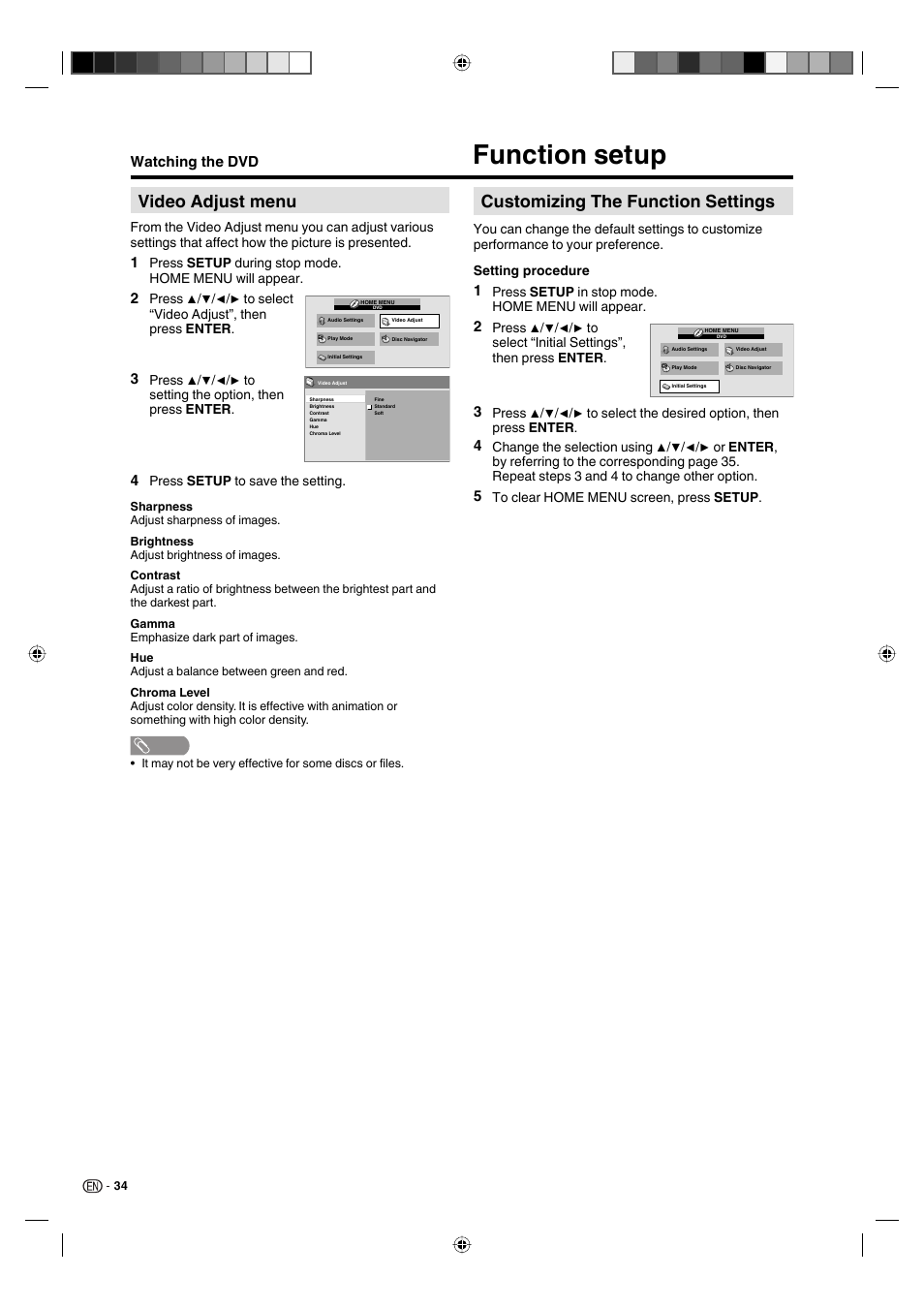 Function setup, Video adjust menu, Customizing the function settings | Watching the dvd | Sharp AQUOS LC-19DV28UT User Manual | Page 36 / 43