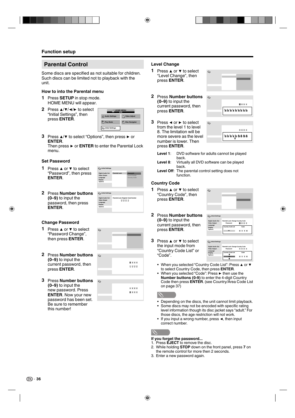 Parental control, Function setup, Press setup in stop mode. home menu will appear | Change password, Level change, Country code | Sharp AQUOS LC-19DV28UT User Manual | Page 38 / 43