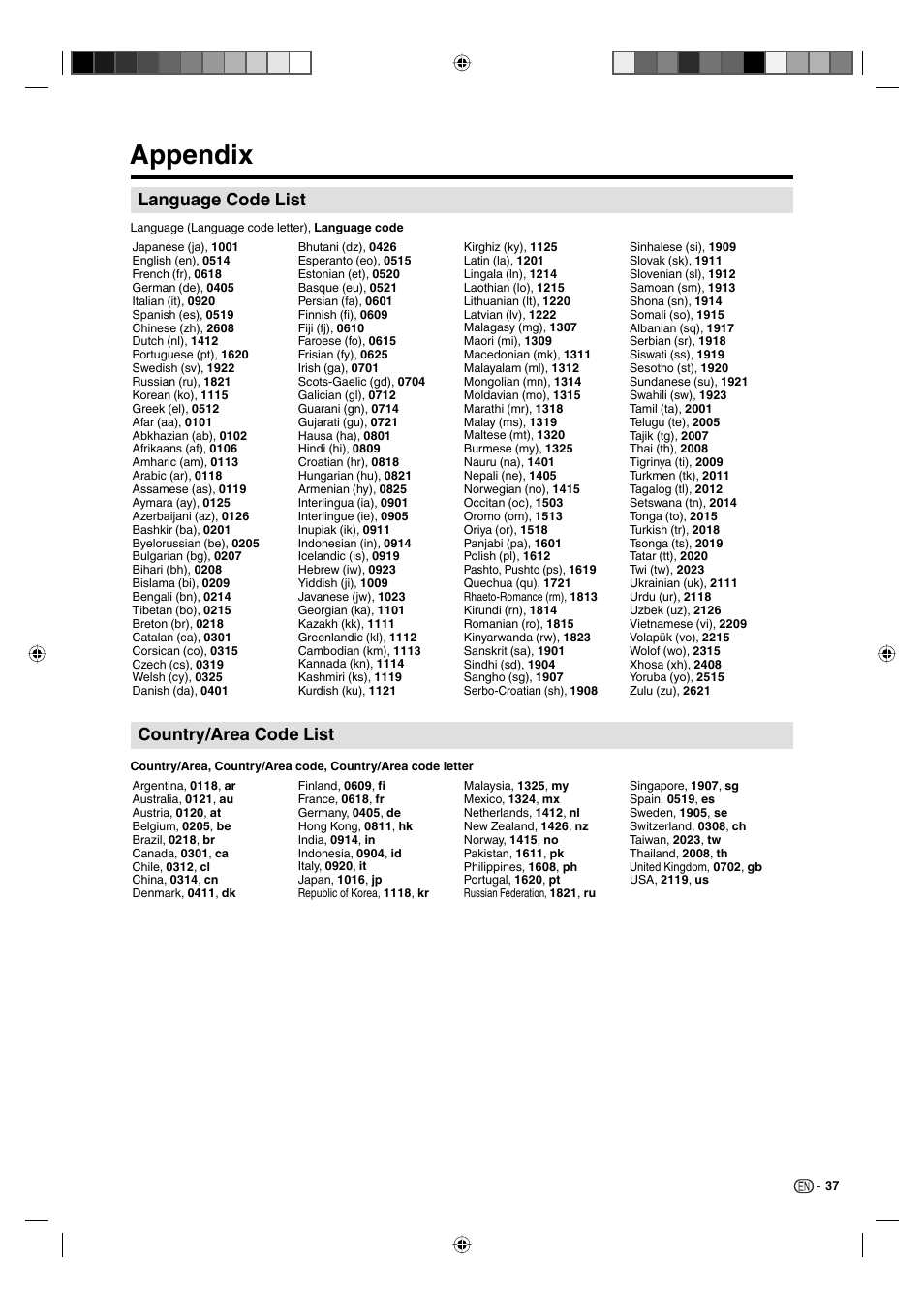 Appendix, Language code list, Country/area code list | Sharp AQUOS LC-19DV28UT User Manual | Page 39 / 43