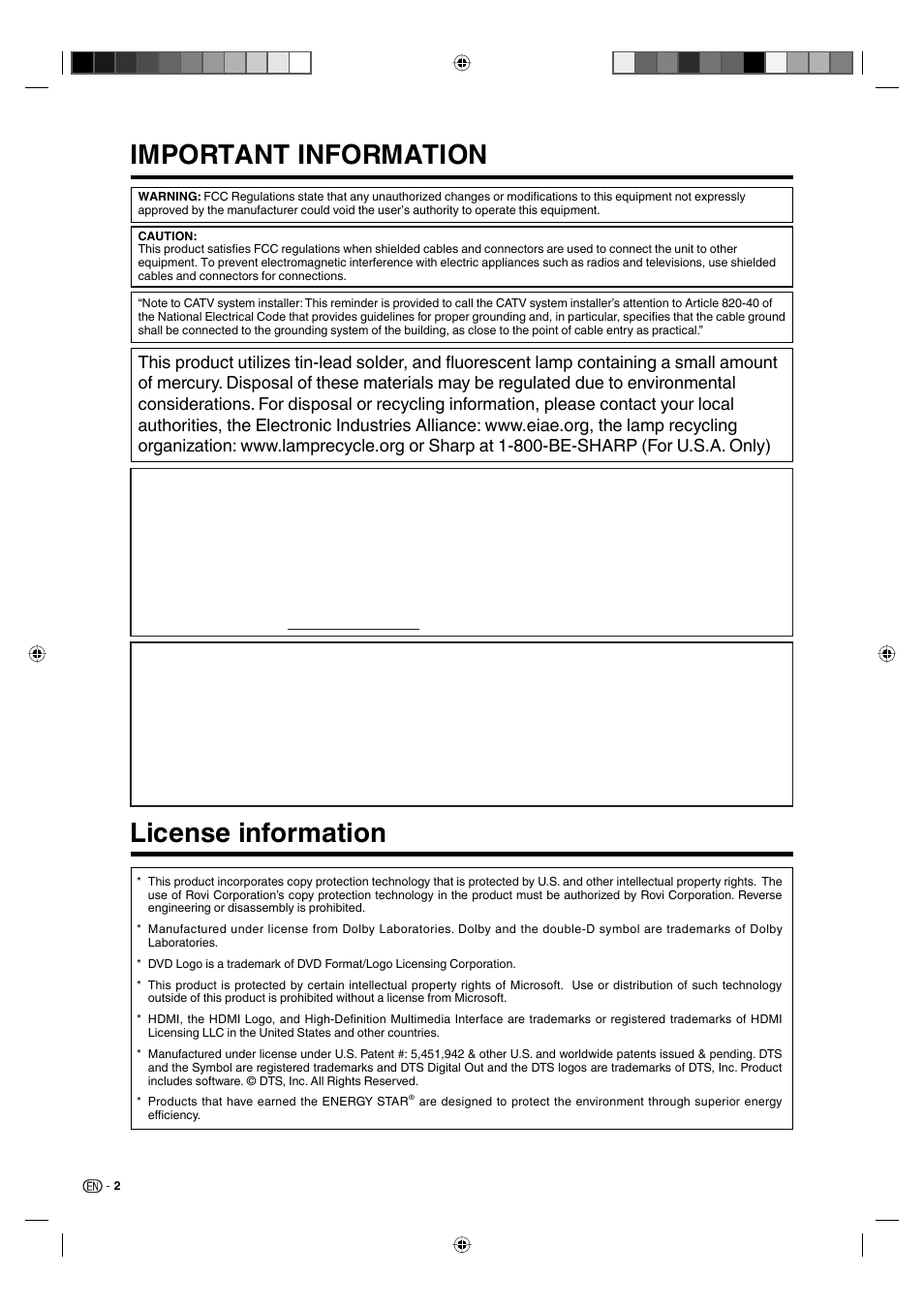 Important information, License information | Sharp AQUOS LC-19DV28UT User Manual | Page 4 / 43