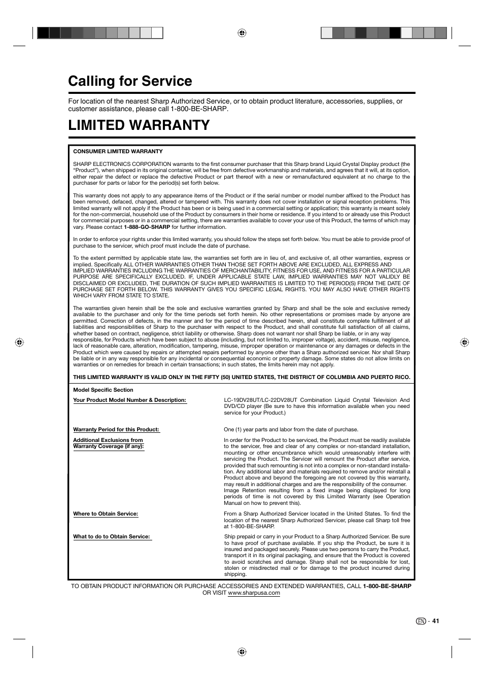 Calling for service limited warranty | Sharp AQUOS LC-19DV28UT User Manual | Page 43 / 43