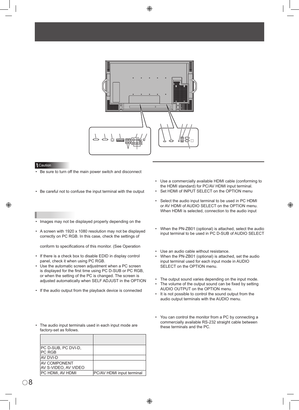 Connecting peripheral equipment, Connection with a pc or av equipment | Sharp 0NY42M184304B(1) User Manual | Page 10 / 40