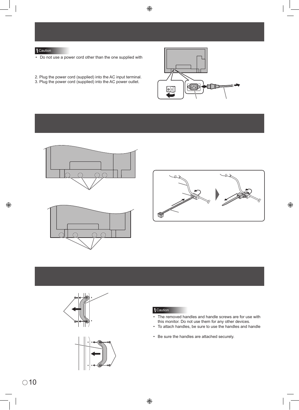 Connecting the power cord, Binding cables, Removing the handles | Sharp 0NY42M184304B(1) User Manual | Page 12 / 40