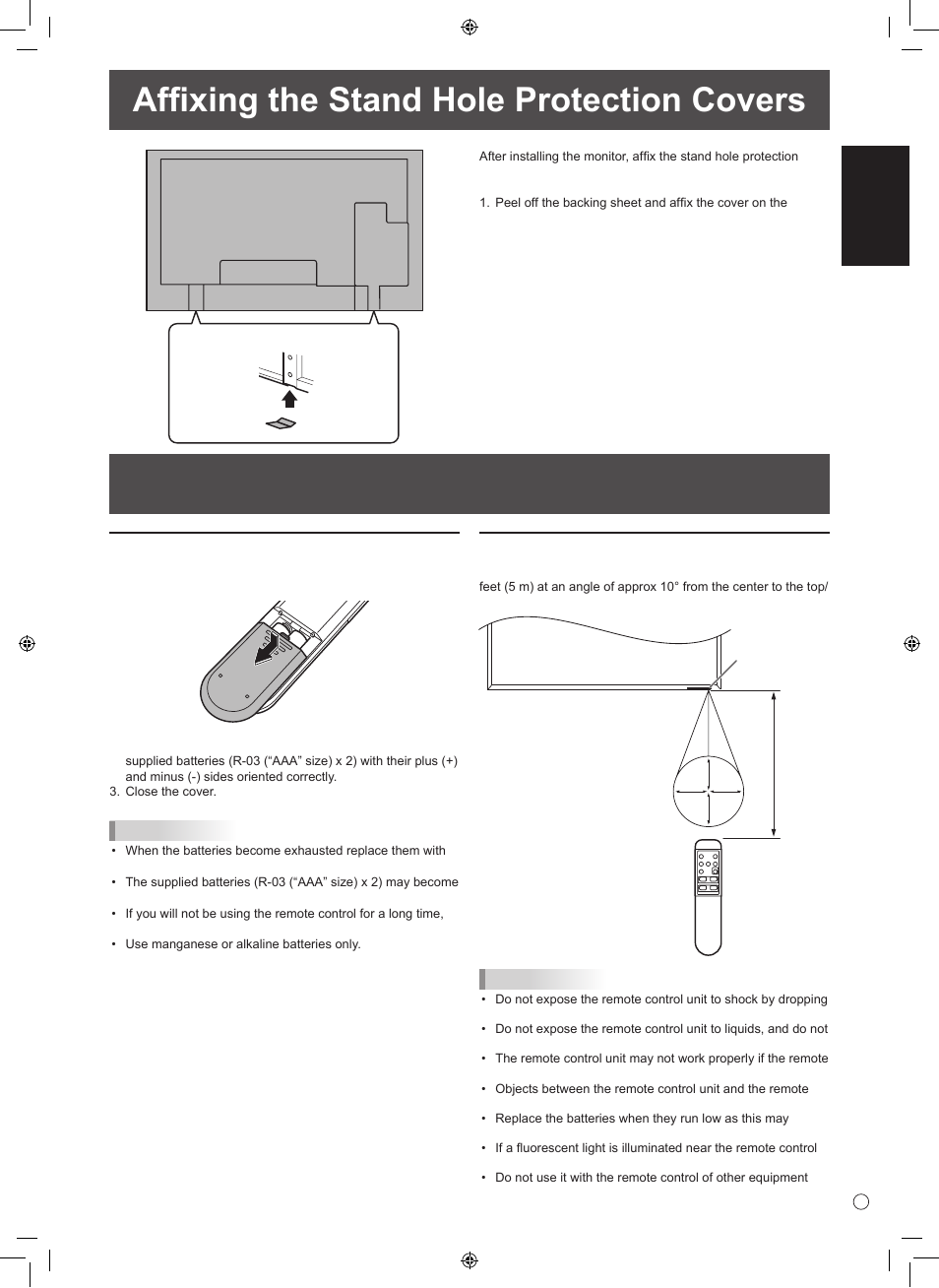 Preparing the remote control unit, Affixing the stand hole protection covers, English | Installing the batteries, Remote control operation range | Sharp 0NY42M184304B(1) User Manual | Page 13 / 40