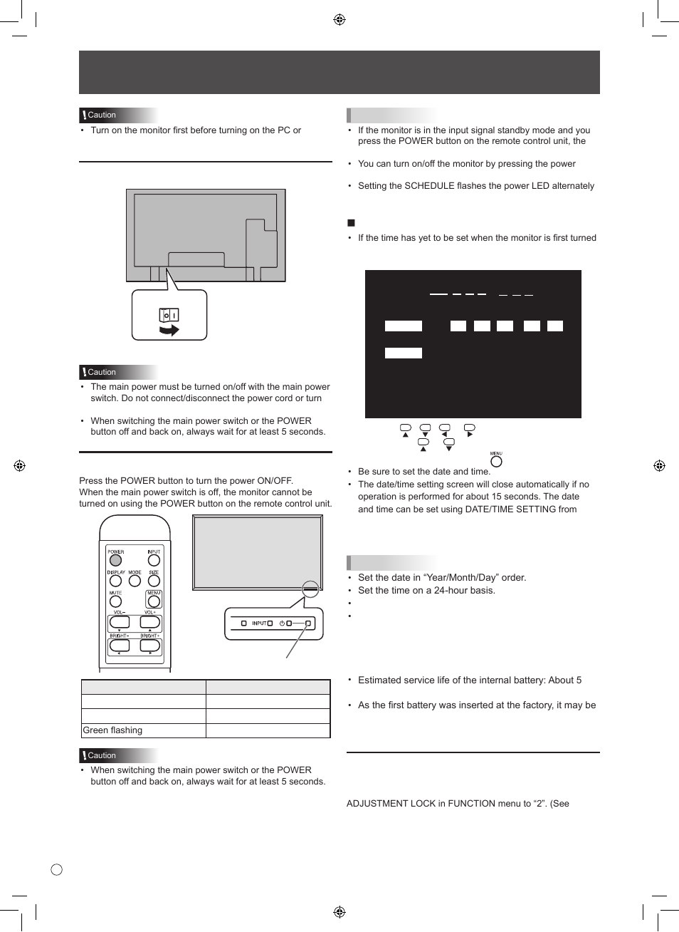 Turning power on/off, Turning on the main power, Disabling power on/off operations | N date/time setting | Sharp 0NY42M184304B(1) User Manual | Page 14 / 40