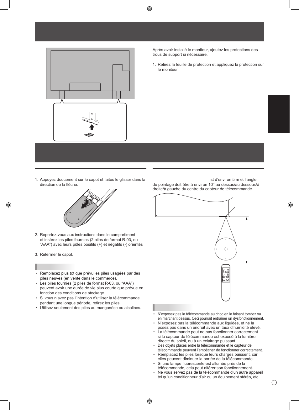 Ajout des protections des trous de support, Mise en service de la télécommande, Français | Mise en place des piles, Portée de la télécommande | Sharp 0NY42M184304B(1) User Manual | Page 25 / 40