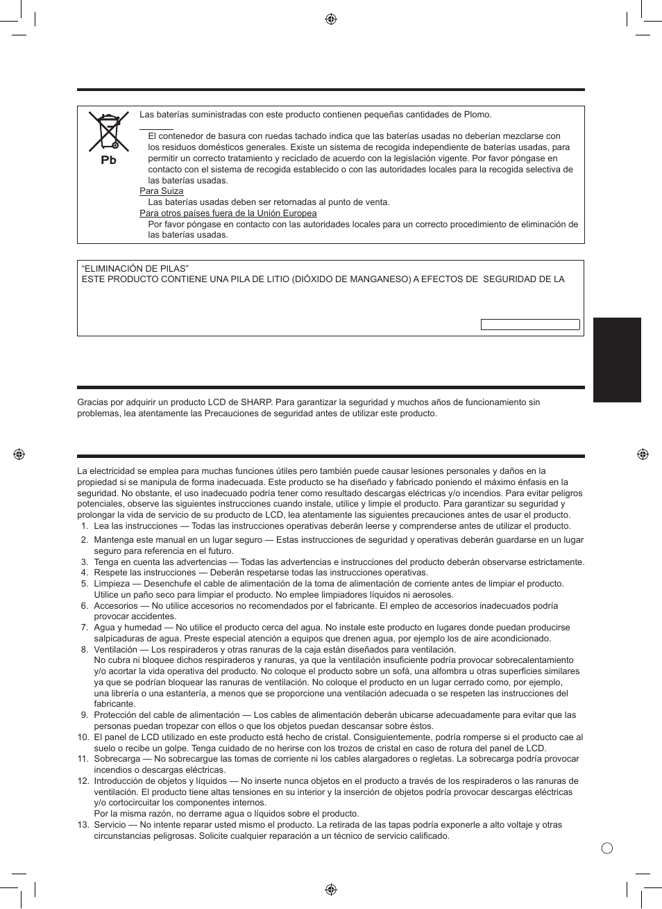 Estimado cliente de sharp, Precauciones de seguridad, Información importante (continuación) | Esp añol | Sharp 0NY42M184304B(1) User Manual | Page 29 / 40