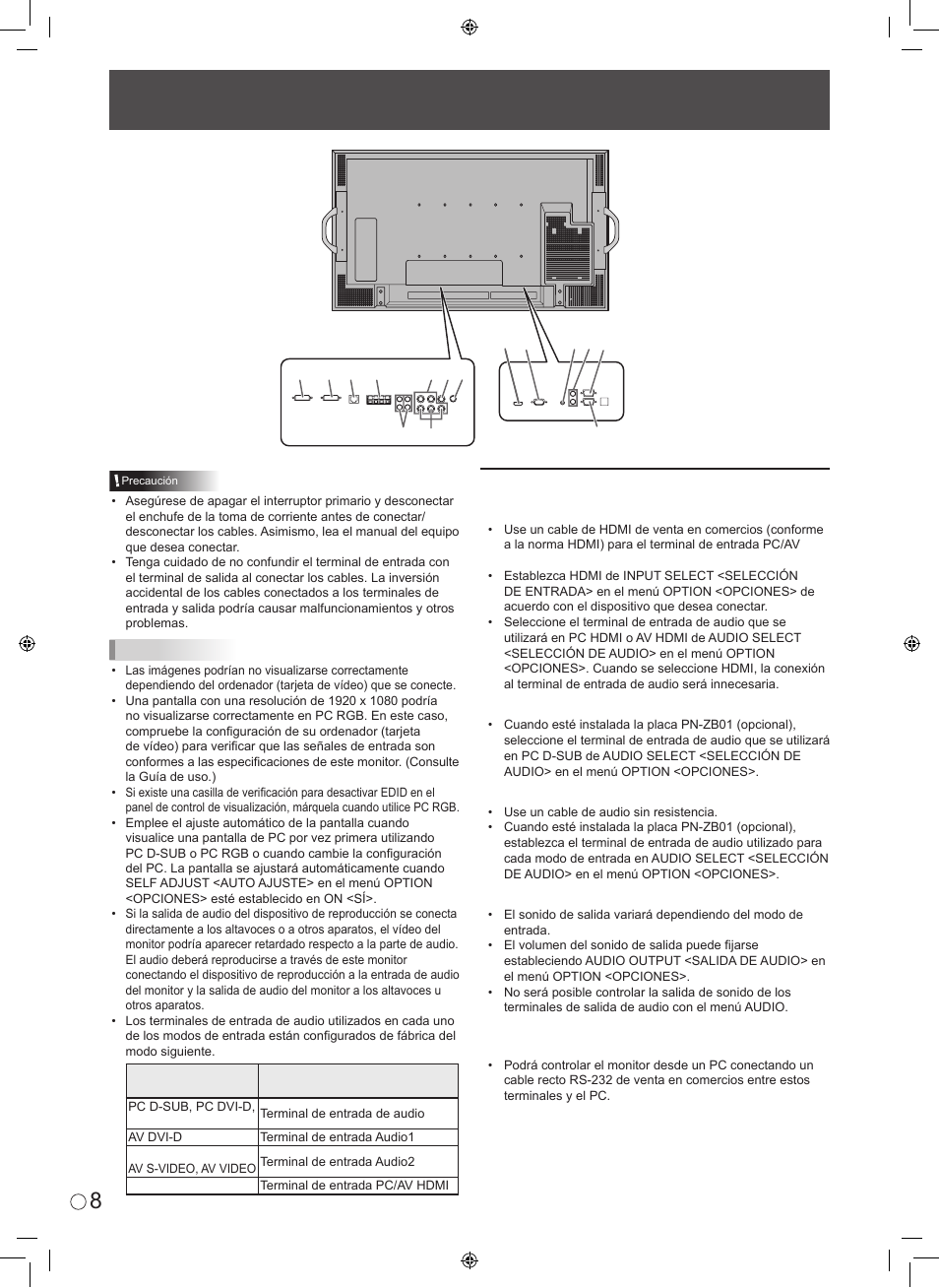 Conexión de equipos periféricos, Conexión con un pc o equipos de av | Sharp 0NY42M184304B(1) User Manual | Page 34 / 40