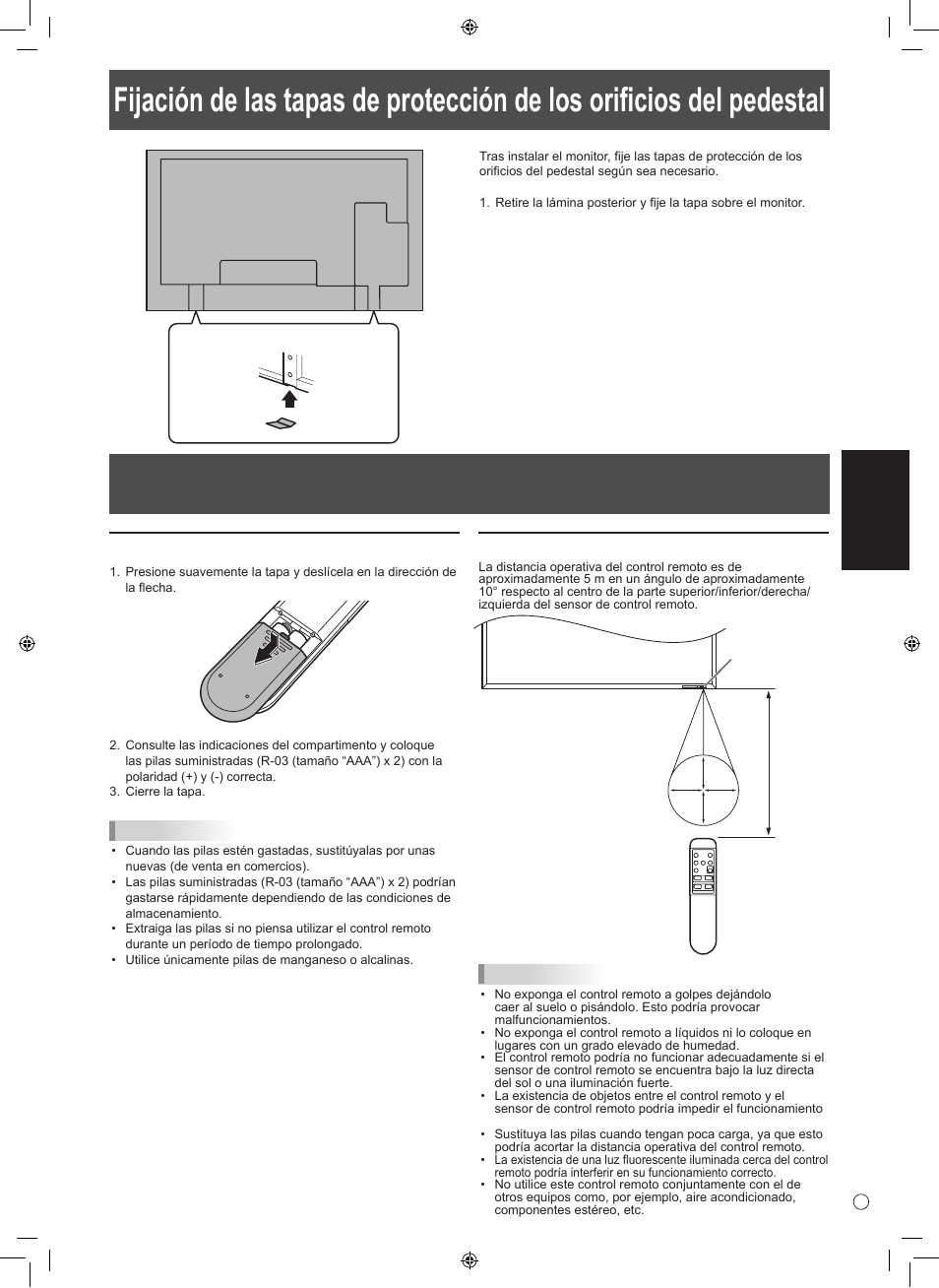 Esp añol instalación de las pilas, Distancia operativa del control remoto | Sharp 0NY42M184304B(1) User Manual | Page 37 / 40