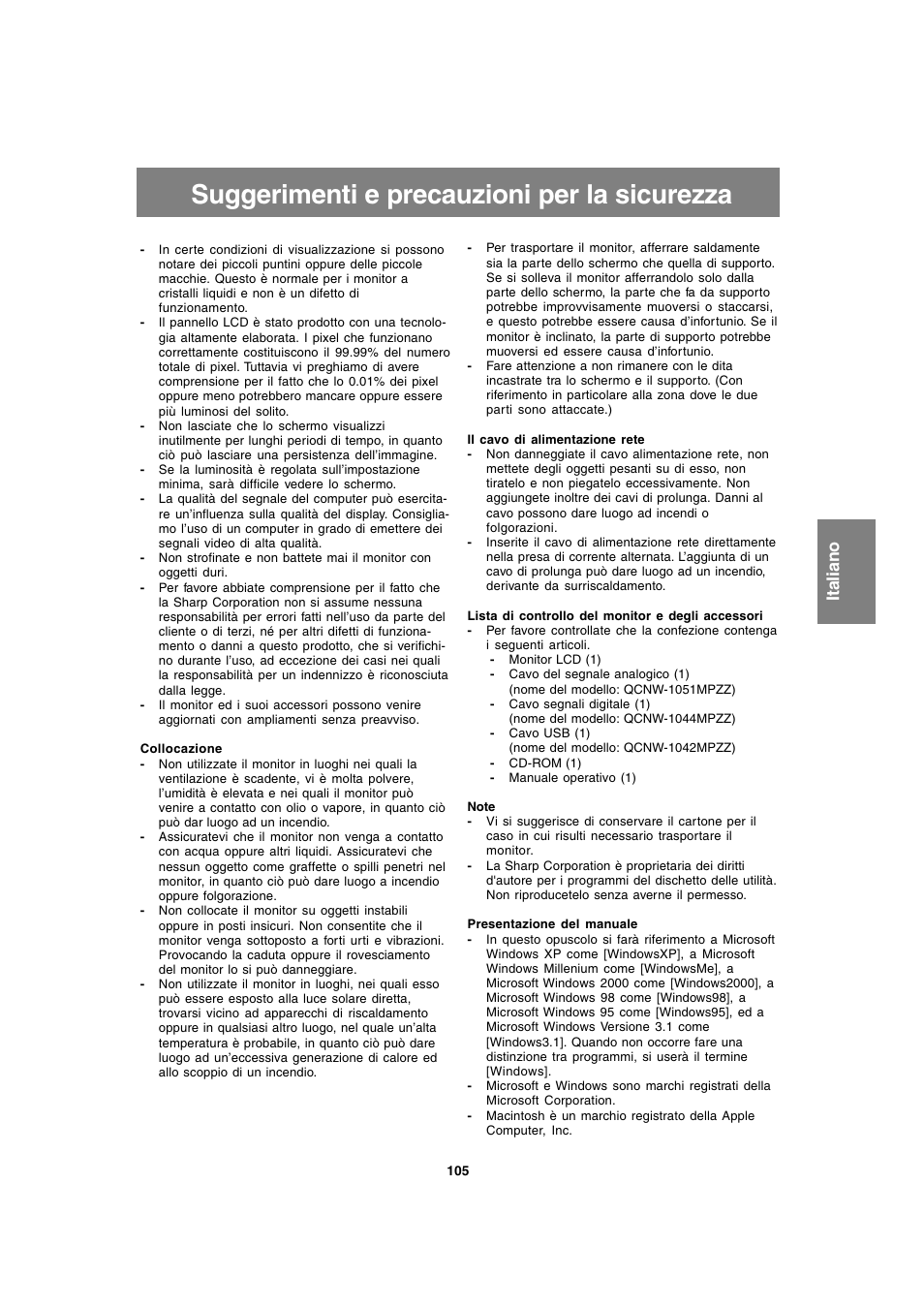 Suggerimenti e precauzioni per la sicurezza | Sharp LL-T1820-B User Manual | Page 105 / 164