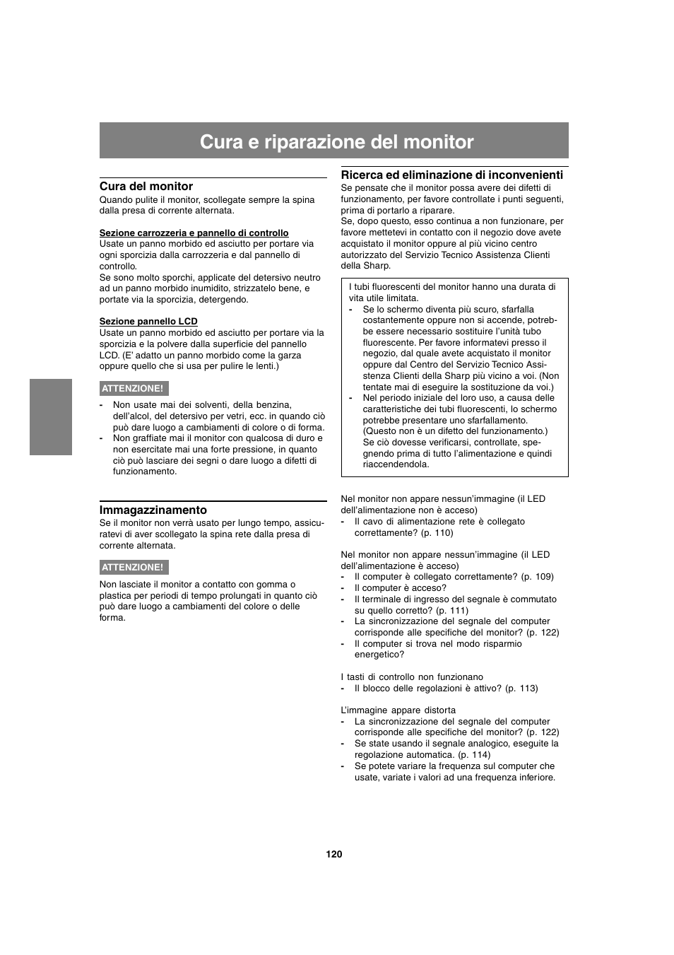 Cura e riparazione del monitor | Sharp LL-T1820-B User Manual | Page 120 / 164