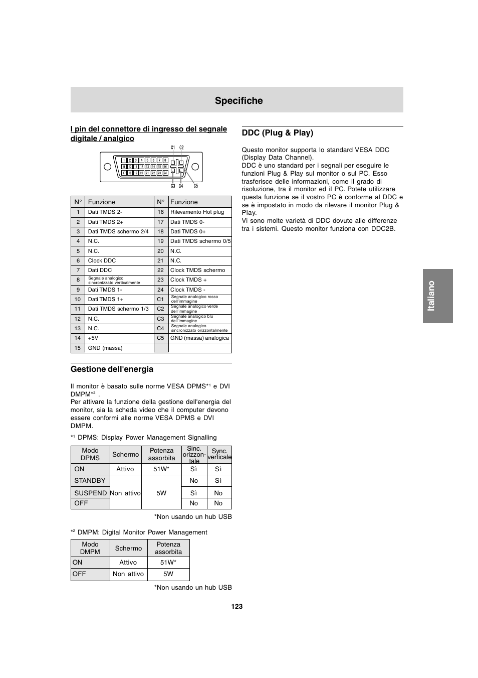 Specifiche, Gestione dell'energia, Ddc (plug & play) | Sharp LL-T1820-B User Manual | Page 123 / 164