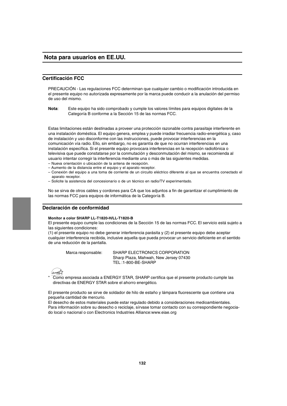 Nota para usuarios en ee.uu | Sharp LL-T1820-B User Manual | Page 132 / 164