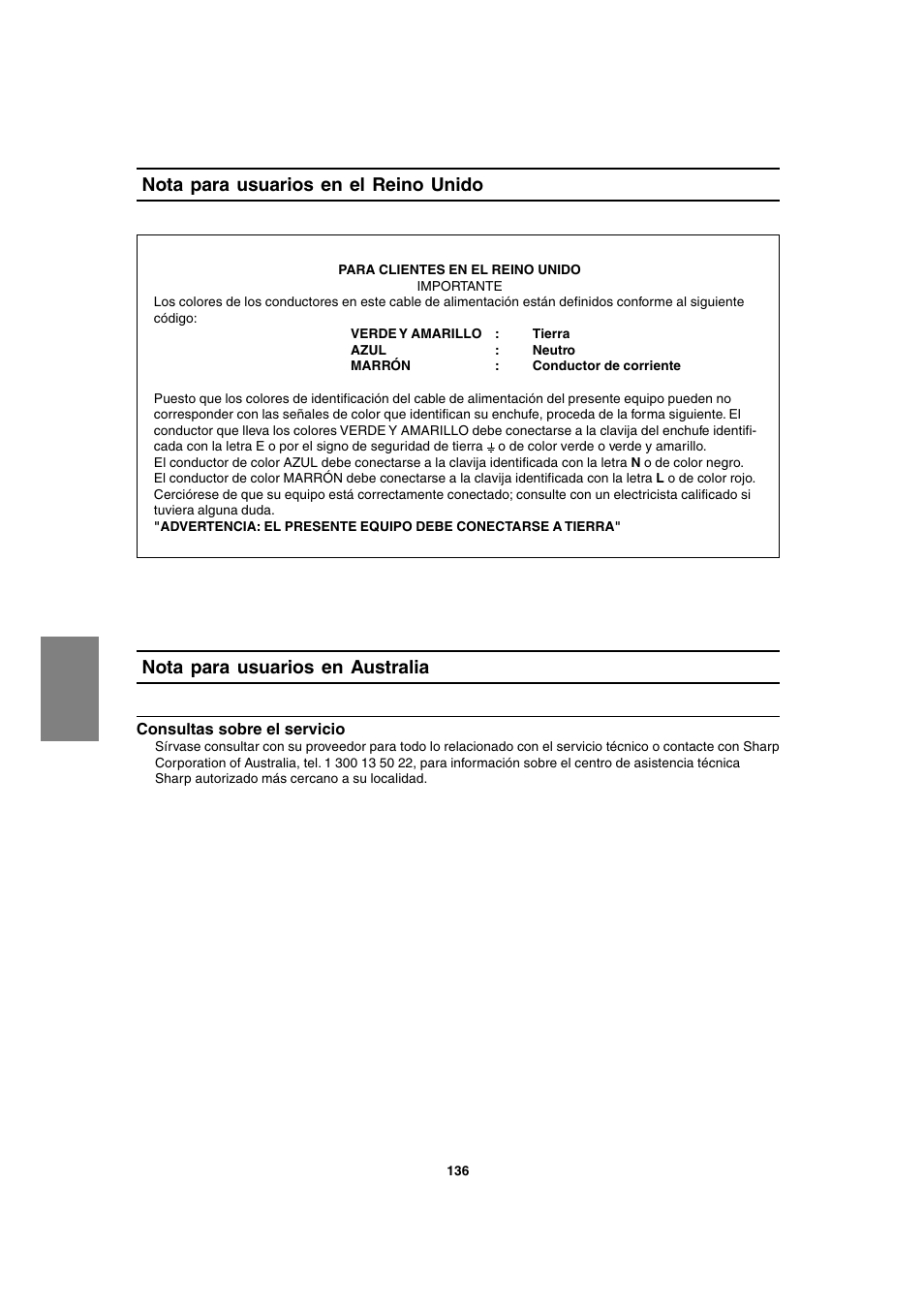 Nota para usuarios en el reino unido, Nota para usuarios en australia | Sharp LL-T1820-B User Manual | Page 136 / 164