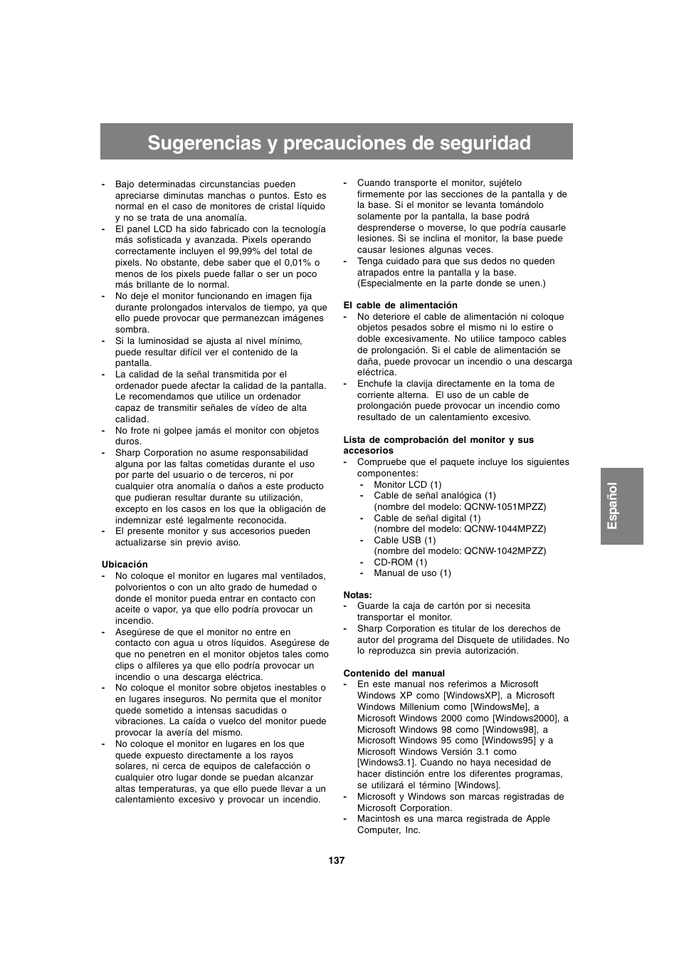 Sugerencias y precauciones de seguridad, Español | Sharp LL-T1820-B User Manual | Page 137 / 164