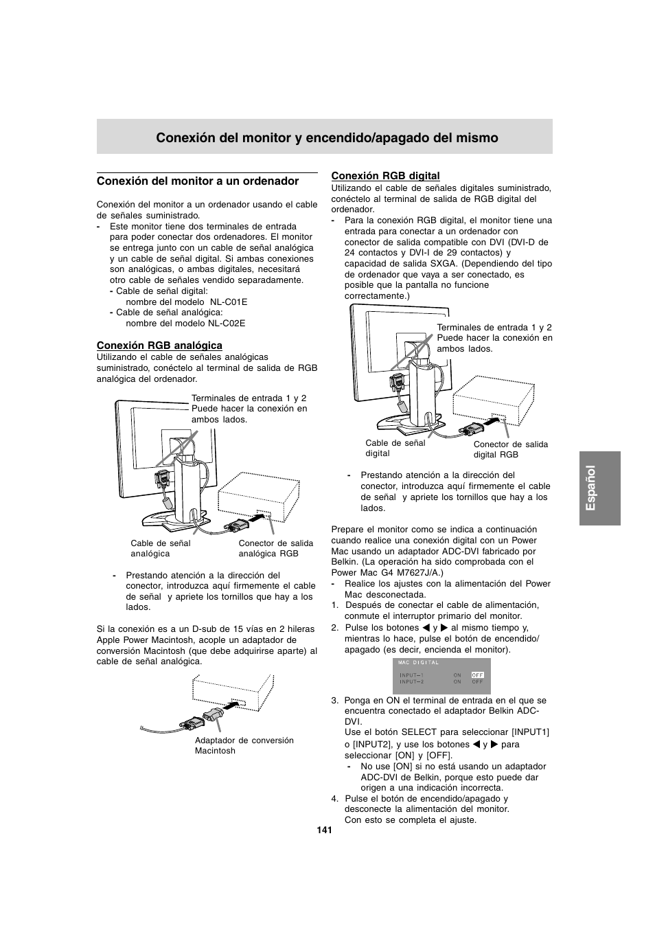 Conexión del monitor y encendido/apagado del mismo, Espa ñ ol | Sharp LL-T1820-B User Manual | Page 141 / 164