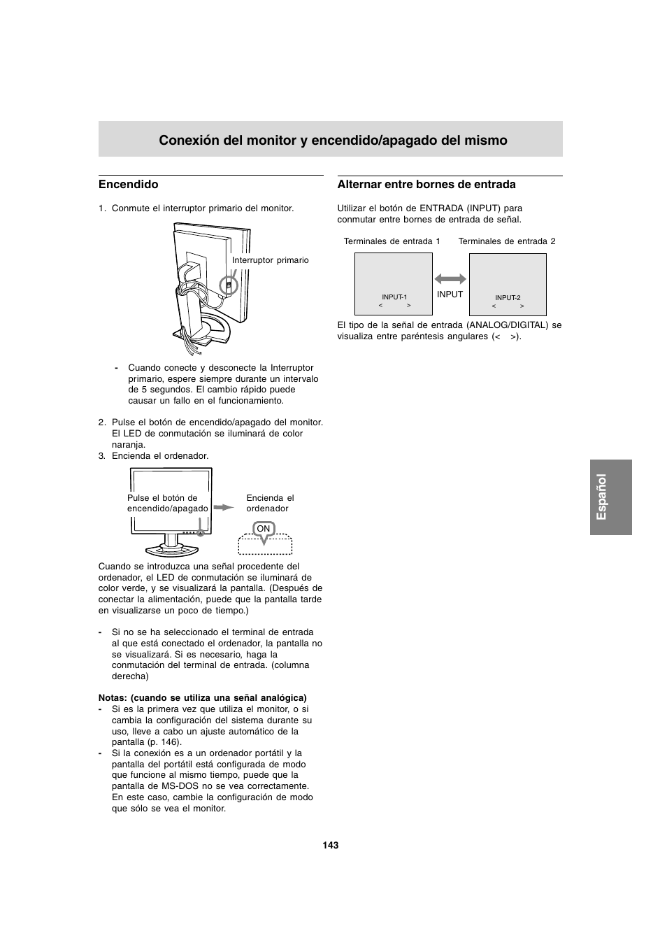 Conexión del monitor y encendido/apagado del mismo, Espa ñ ol | Sharp LL-T1820-B User Manual | Page 143 / 164