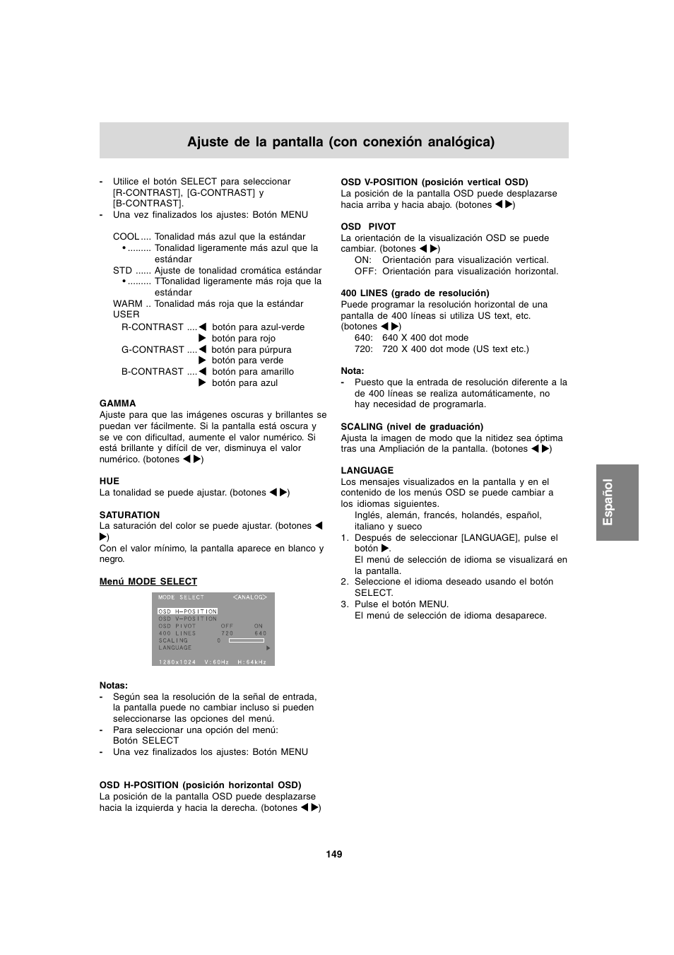 Ajuste de la pantalla (con conexión analógica), Espa ñ ol | Sharp LL-T1820-B User Manual | Page 149 / 164