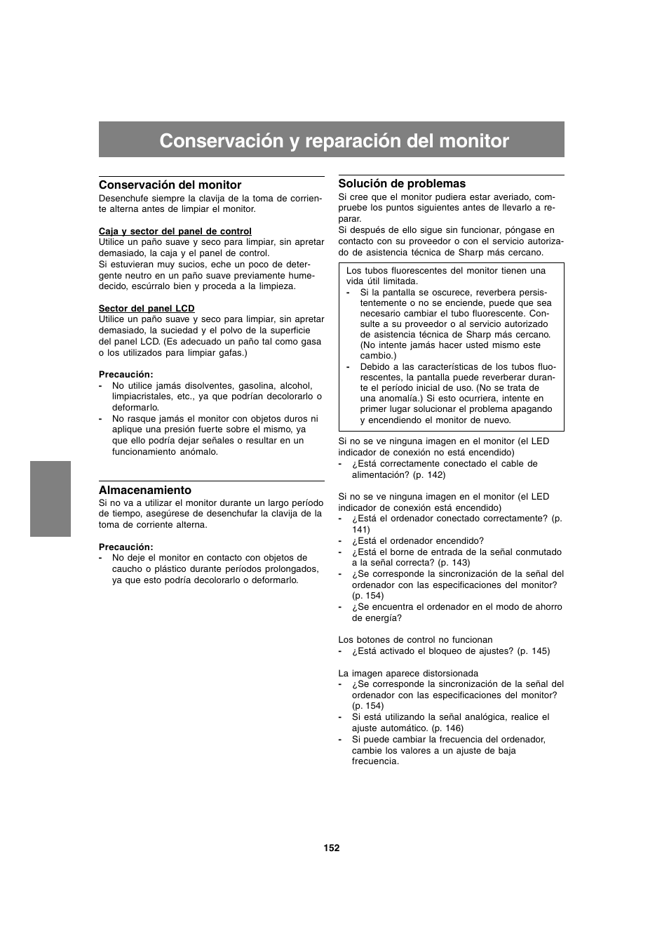 Conservación y reparación del monitor | Sharp LL-T1820-B User Manual | Page 152 / 164