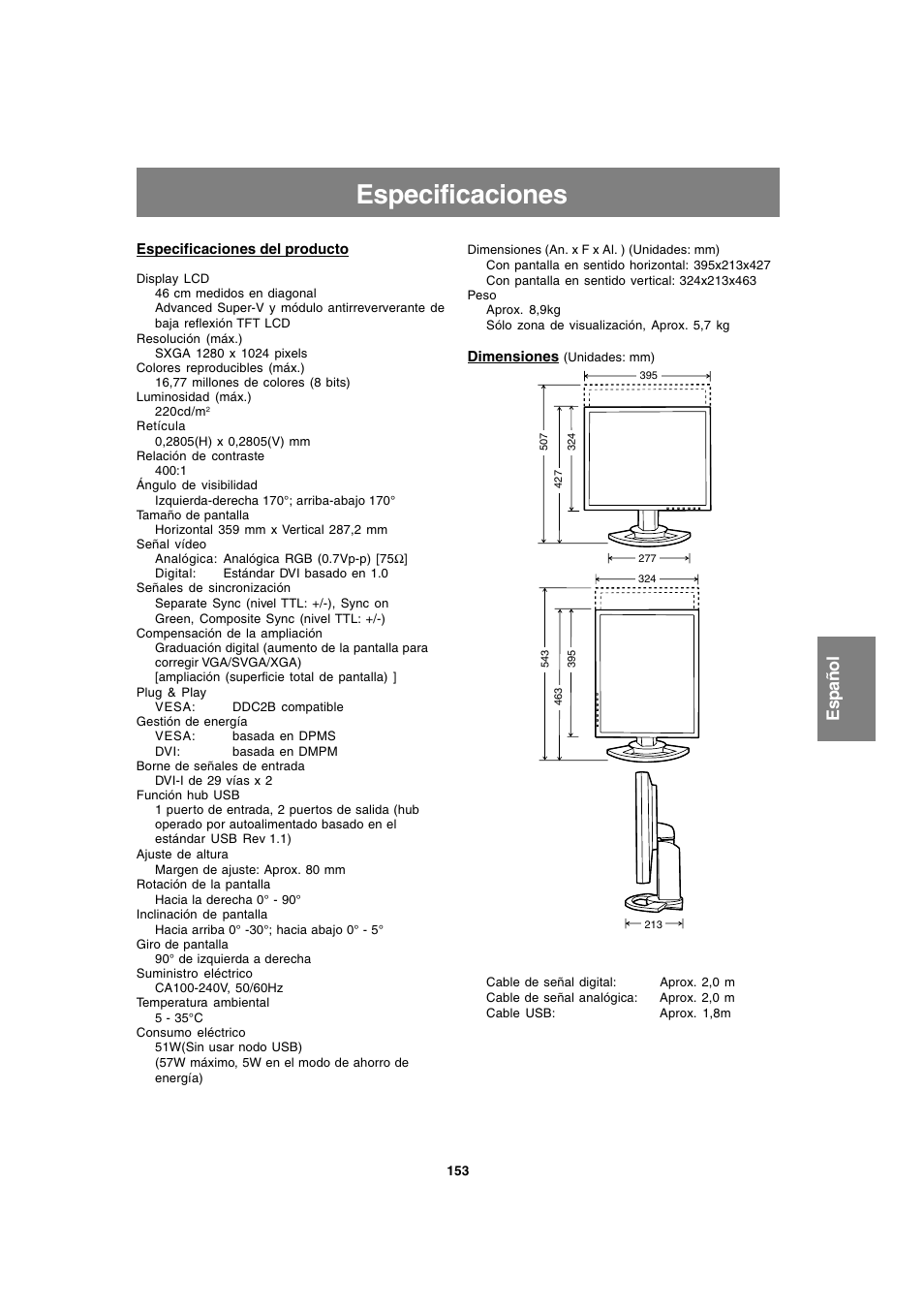 Especificaciones, Espa ñ ol | Sharp LL-T1820-B User Manual | Page 153 / 164