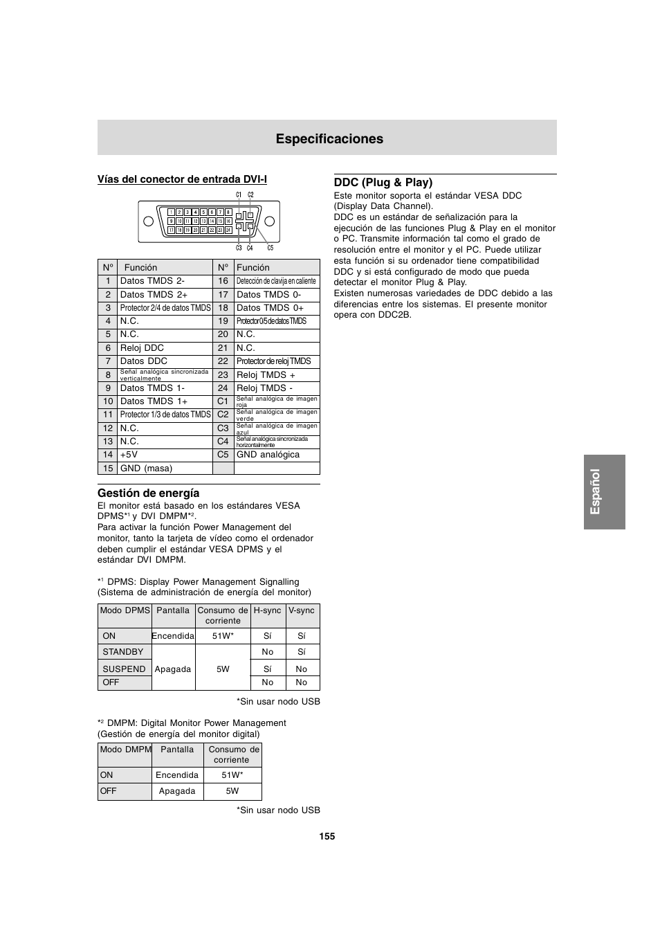 Especificaciones, Espa ñ ol | Sharp LL-T1820-B User Manual | Page 155 / 164