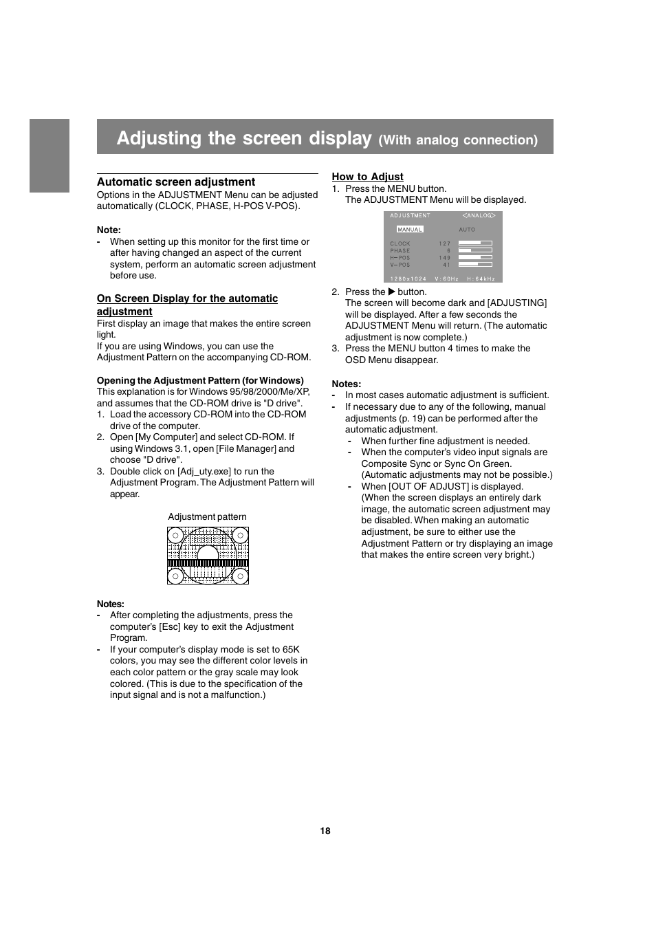 Adjusting the screen display, With analog connection) | Sharp LL-T1820-B User Manual | Page 18 / 164