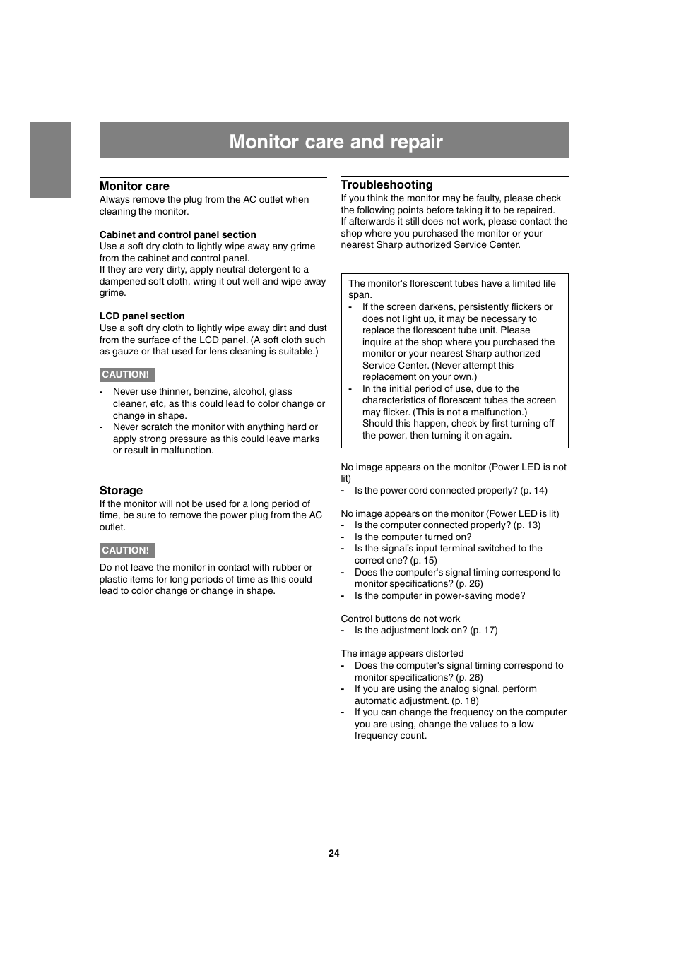 Monitor care and repair | Sharp LL-T1820-B User Manual | Page 24 / 164