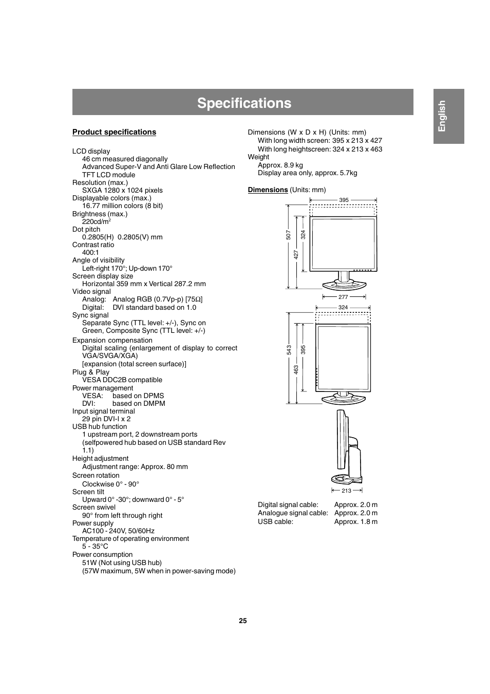 Specifications, English | Sharp LL-T1820-B User Manual | Page 25 / 164