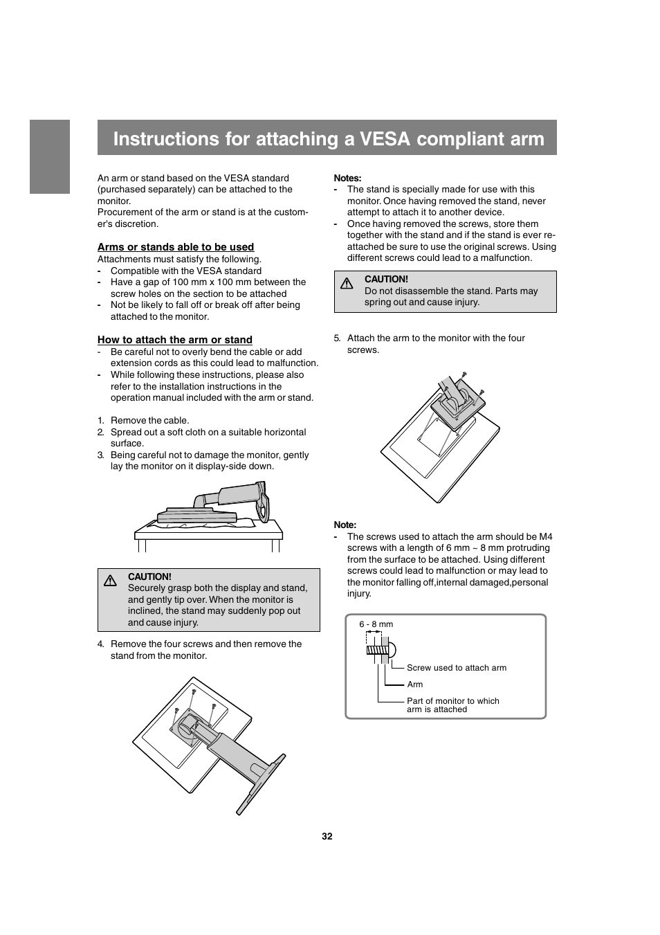 Instructions for attaching a vesa compliant arm | Sharp LL-T1820-B User Manual | Page 32 / 164